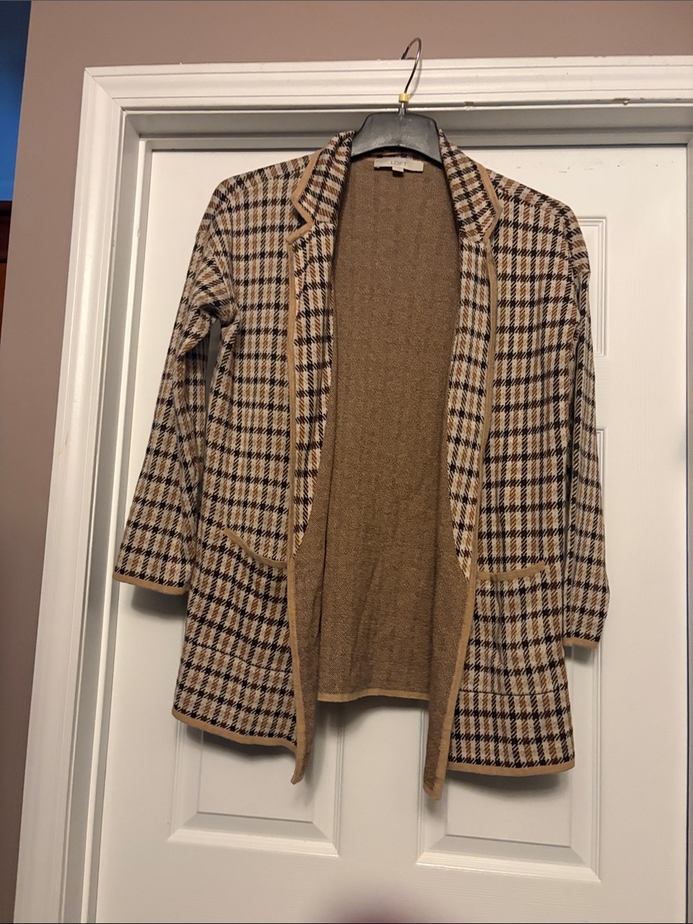 Womens Plaid Open-Front Knit Blazer in Camel